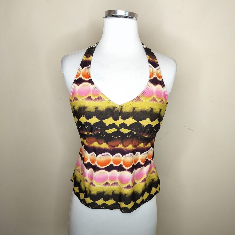 Athleta Tankini Swim Top Brown Pink Green Tie Dye Halter